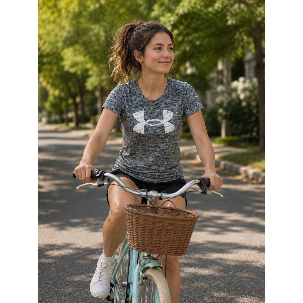 Under Armour Womens HeatGear Tech Twist Logo T-Shirt Teal Gray XS 1365142